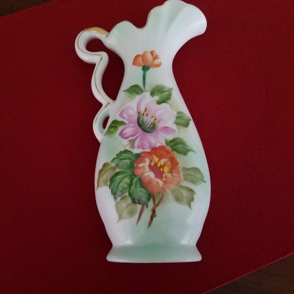 Vintage ceramic vase with pink & orange hibiscus